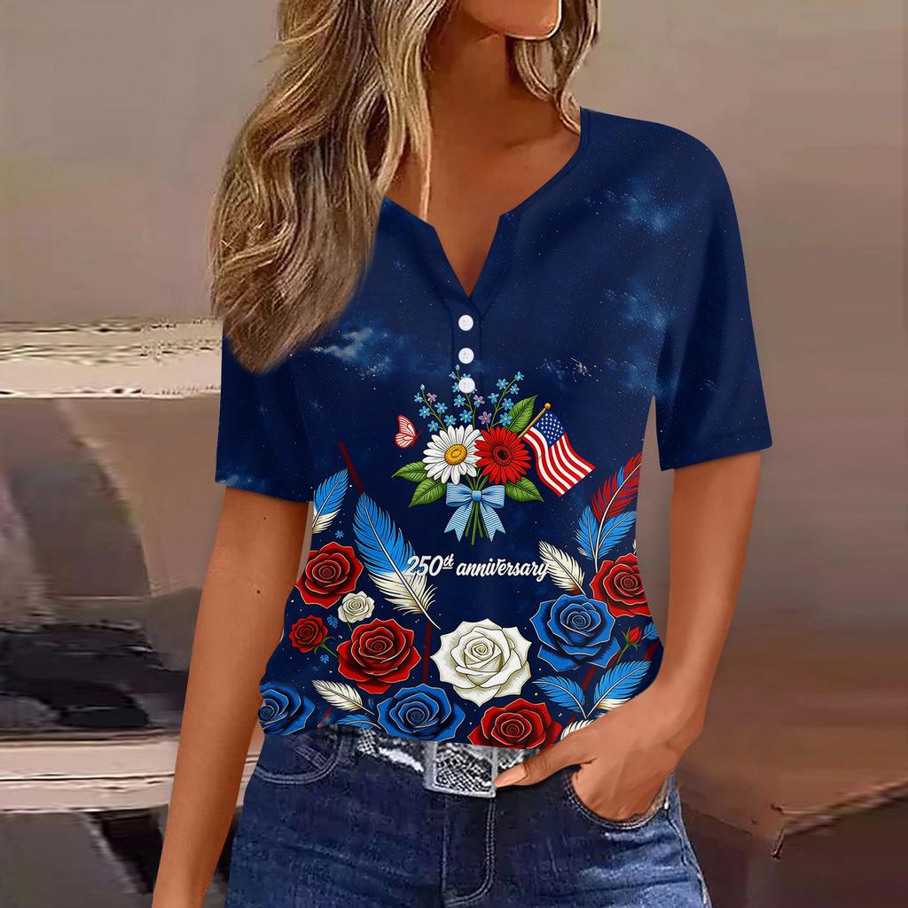 Women's Fashion Casual Independence Day Print V-Neck Short Sleeve Button-Up T-Shirt Top