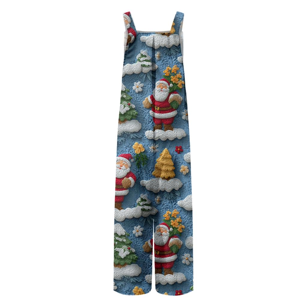 Women's Christmas Print Solid Wide Leg Strapless Tank Pocket Casual Onesie