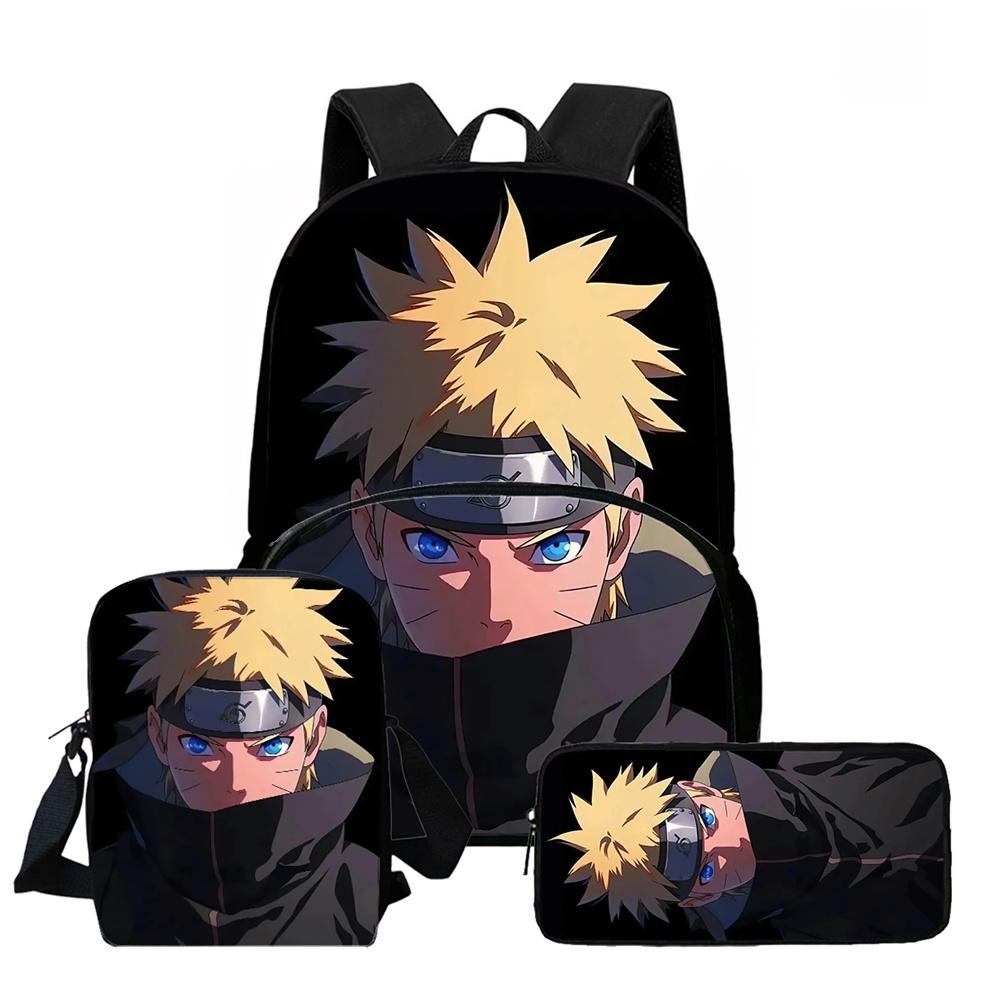 3Pcs Set School Backpack with Front Pocket, Crossbody Bag & Pencil Bag, Cartoon NARUTO, Lightweight for Boys & Girls Ages 6-10
