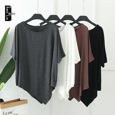 Damen Übergröße Fledermausärmel Modal T-Shirt - Locker, Rundhalsausschnitt, Mittellang, Kurzarm Sommeroberteil