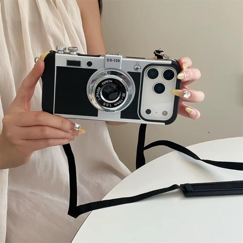 3D Retro Camera Phone Case with Crossbody Lanyard for iPhone 17 16 Pro Max 15 14 13 12 11 XS Max XR X 8 7 Plus SE 2026 Mini