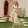Vestido Largo Maxi de Verano para Mujer, Manga Corta, Fruncido, Cuadrado, Línea A, Fluido
