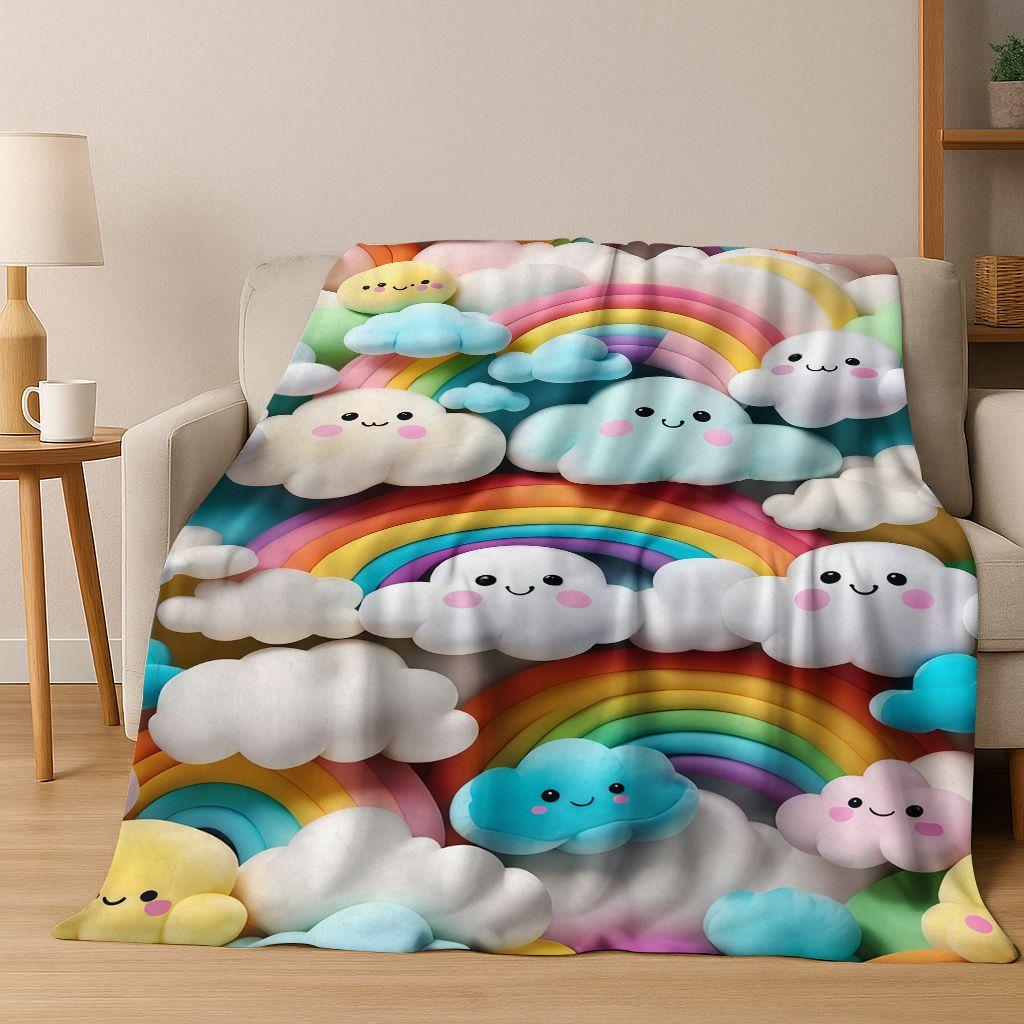 Colorful Rainbow Clouds Dream Sky Cartoon Flannel Blanket,Cozy Soft Throw Blanket for Home Bedroom Bed Sofa Picnic Cover Kids