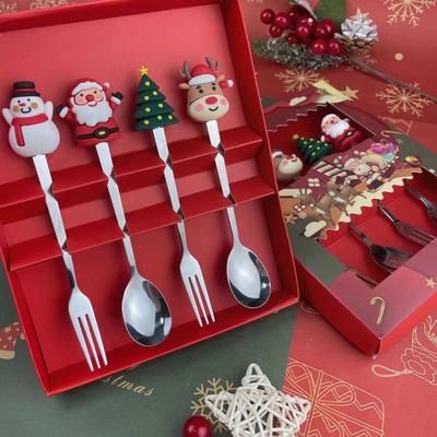 Christmas Set Stainless Steel Spoon Tableware Fruit Fork Spoon Gift Box Set Cute Elk Cartoon Girl