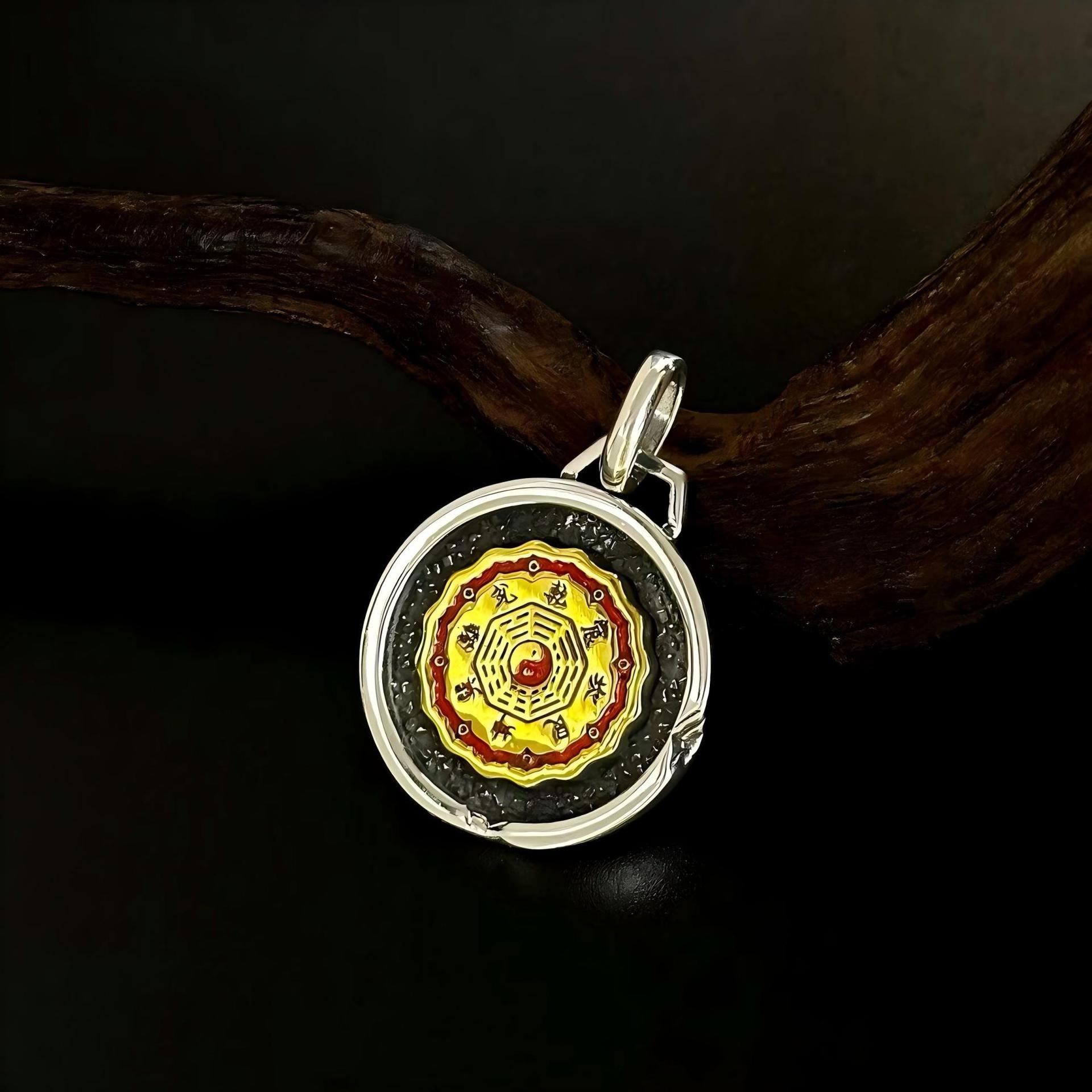 S925 Silver Cinnabar Bagua Tai Chi Pendant - Men s Retro Design S925 Silver