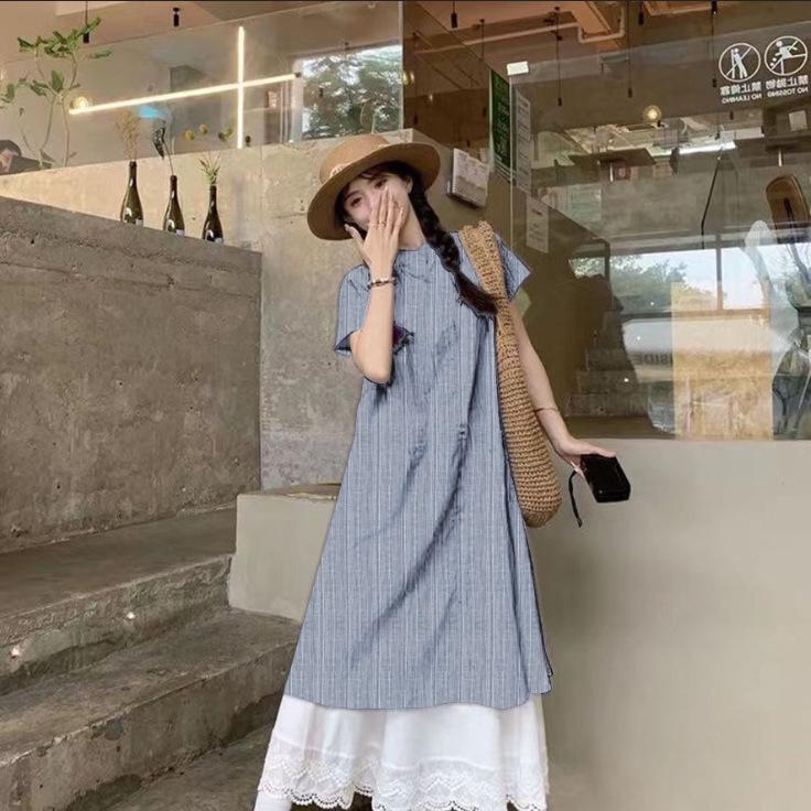 

Blue Striped Casual Shirt Dress & White A-Line Skirt Set for Women S