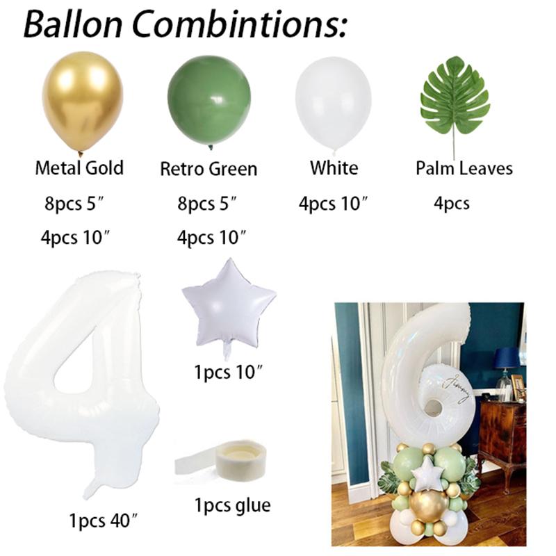 34pcs 40inch White Number Palm Leaves Retro Green Balloons Kit Kids 1 2 3th Birthday Balloons Set Baby Shower Decoration