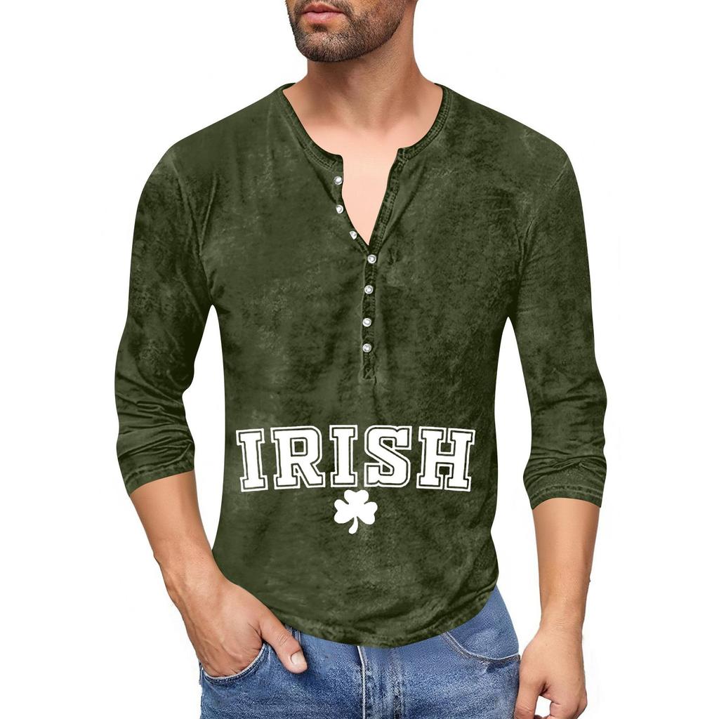 Men'S Printed T-Shirt Outdoor Retro Button Loose Long Sleeve Top