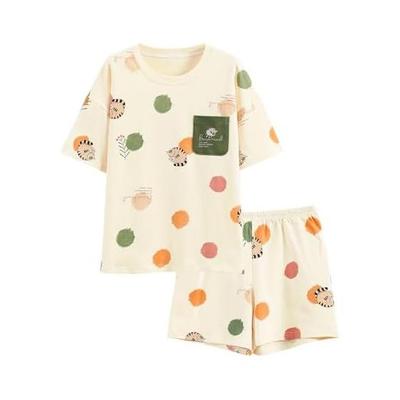 [PHOLEY] Women's Pajamas, Summer, Short Sleeves, Shorts, Top and Bottom Set, Cat Pattern, Room Wear, Loose, Cute, Breathable, Loungewear for Women