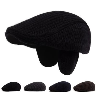 Men Knited Berets With Earflaps Autumn Winter Thickened Warm Newsboy Cap Fashion Casual Crochet Flat Hats Big Head Circumference
