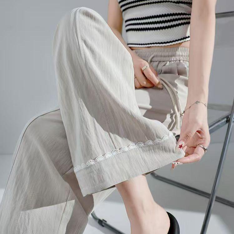 

Women s Pink Lace Ice Silk Wide-Leg Trousers - Small, High-Waist, Loose Fit, Summer Style. M (80-100 lbs recommended)