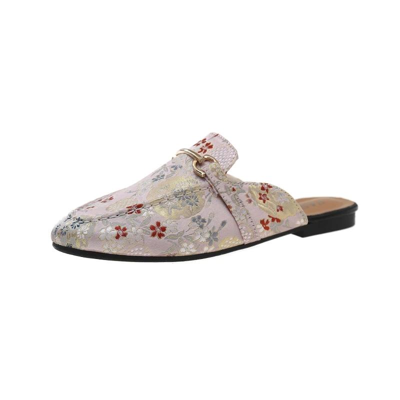 Women's Mules Flat Sole Round Toe Metal Decoration Cover Toe Women Shoes Dress Daily Commute Retro Mature Zapatillas De Mujer