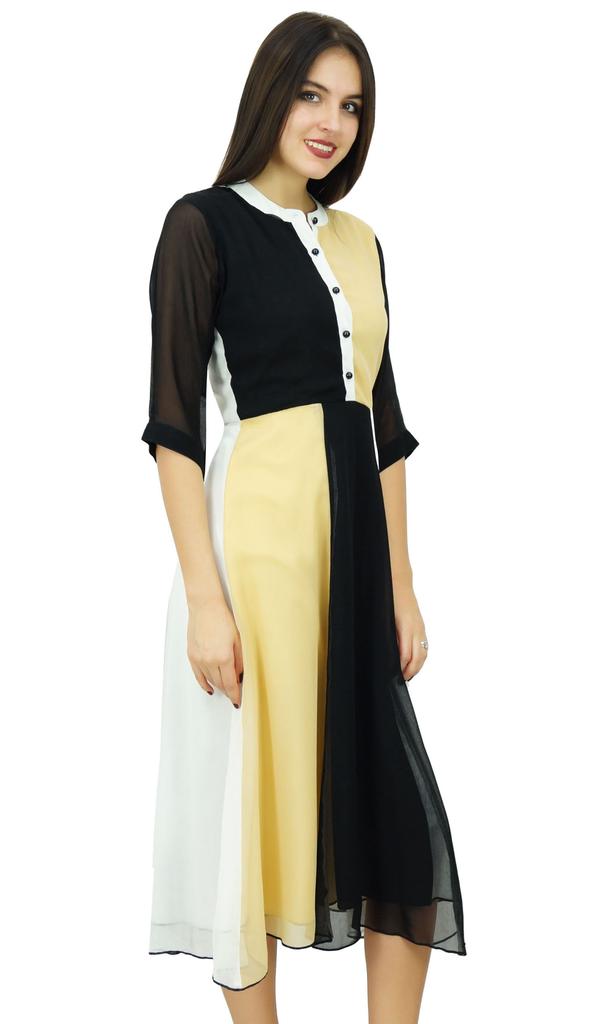 Bimba Womens Classic Mandarin Collar Shift TriColor Midi Summer Chic Dresses