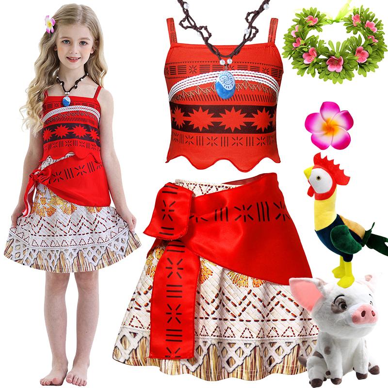 Moana Nuovo Vestito Vestiti da Principessa per Bambine Travestimento Bambini Collana Vaiana Maialino Pulcino Costume Carnevale Estivo per Bambini 2-10A