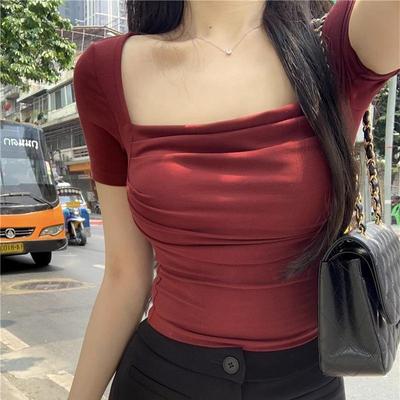 Women's Spicy Red Rayon Ruched Slimming Square Neck T-Shirt with Chest Pads