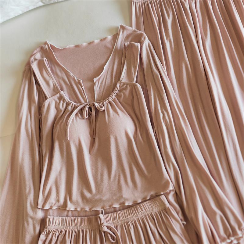 Women's Four-Piece Camisole Pajama Set with Built-in Bra, All-Season Modal Sleepwear