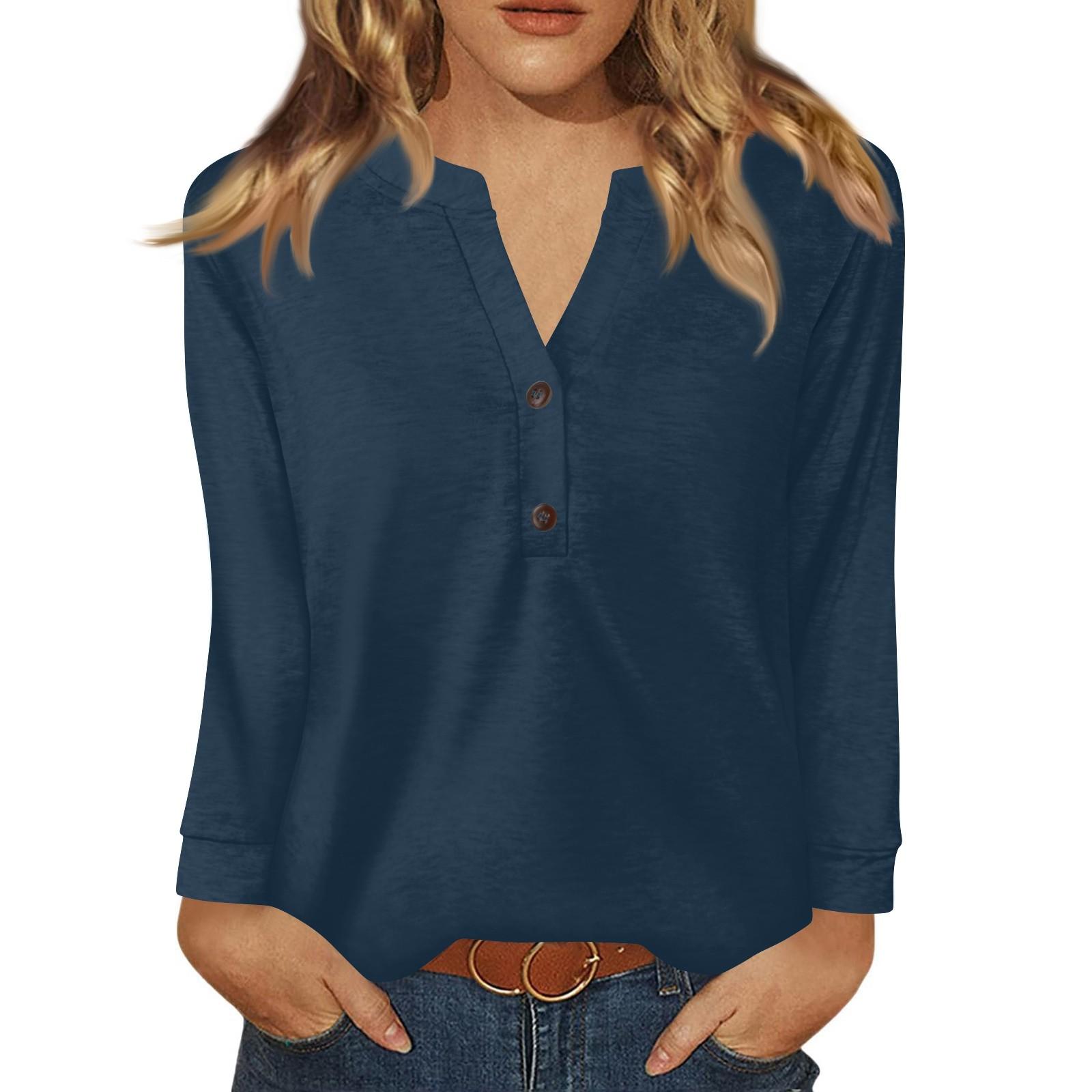 

Women s T Shirt Solid Color Button Long Sleeve Daily Weekend Fashion Basic V- Neck Regular Top M Темно-синій
