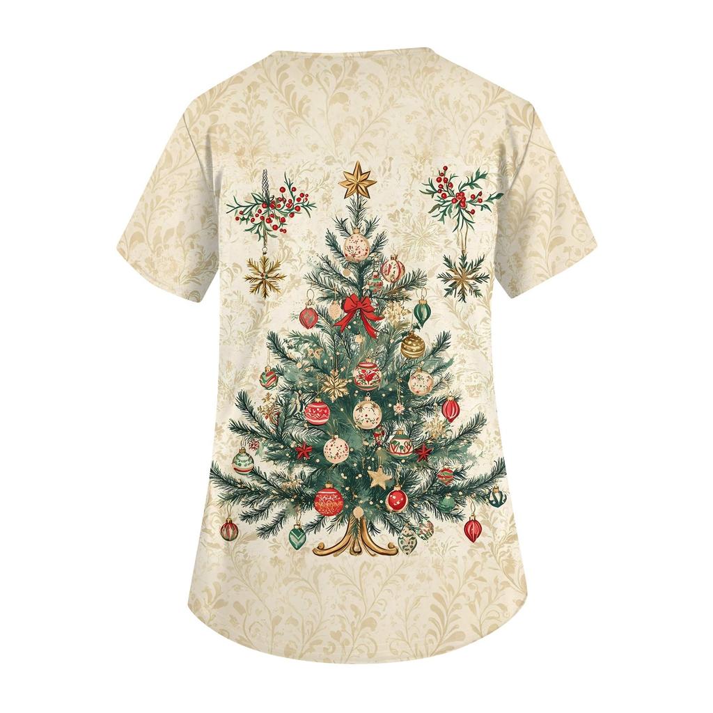 Women's Fashion V-neck Short Sleeve Workwear With Pockets Christmas Printed Tops