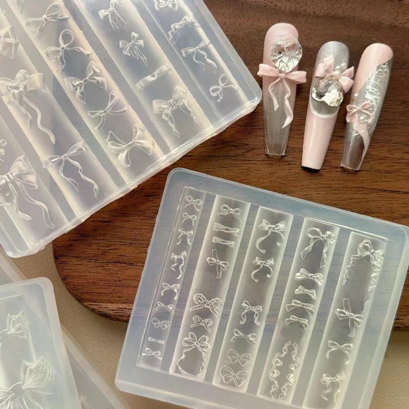 3D Ribbon Bowknot Shaped Mold Stamping Stencils UV Gel Polish Art Mould Silicone Carving Mold DIY Design Nail Charm Decorations