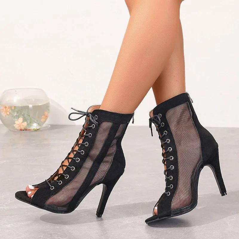 Fashion 2025New Retro Style Women Peep Toe Ankle Boots  Sexy  Black  Party Stilettos Jazz Dance Shoes