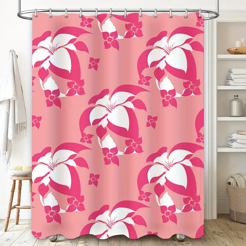Pink White Floral Shower Curtain Polyester Waterproof Bathroom Decor Set Includes 12 Hooks (SizeMedium)