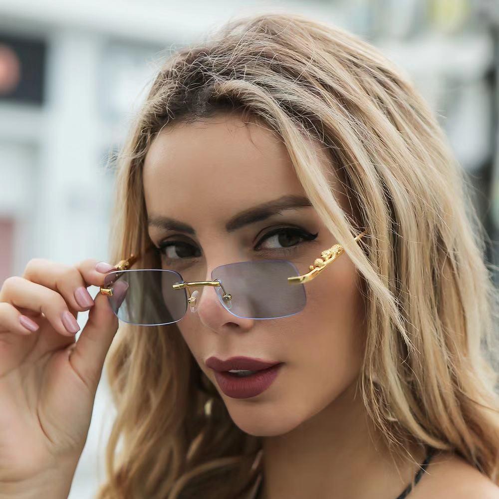Cheetah Frameless Square Retro Leopard Metal Sunglasses 2022 Trend