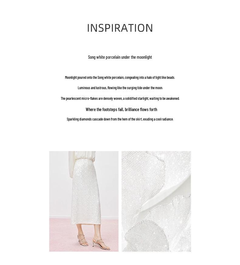 Autumn 2025 Elegant High-Waisted Porcelain White Sequin Midi Skirt for Women