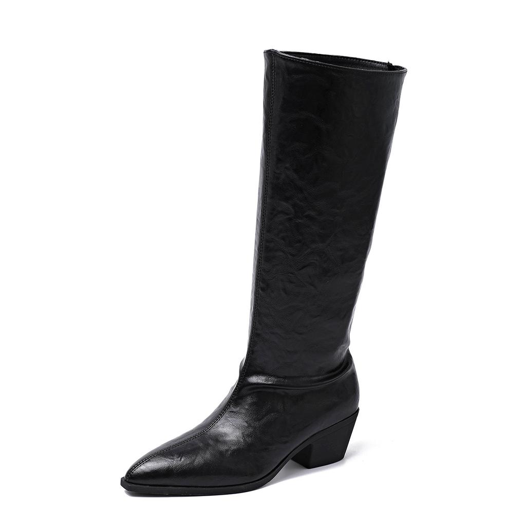 2025 Winter New Slimming Plus Size Mid-heel Skinny Boots Pointed Toe Thick Heel Retro British Style Knight Boots for Women