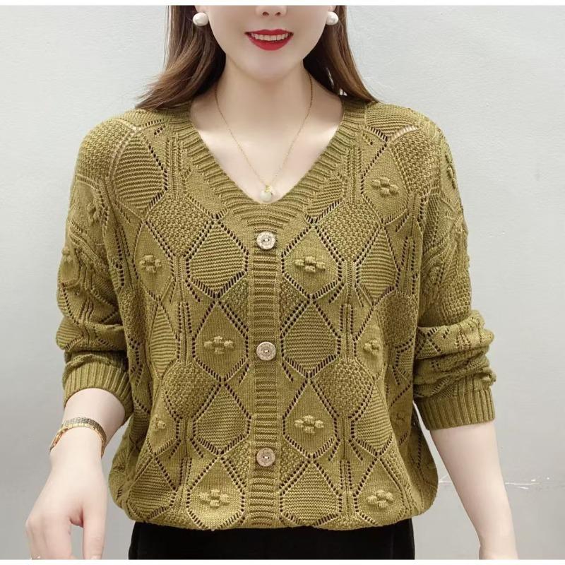 Knitted Sweater Women's Casual Loose Hollow V-neck Sweater, Thin Belly Cover Foreign Style Fashion Mother Outfit