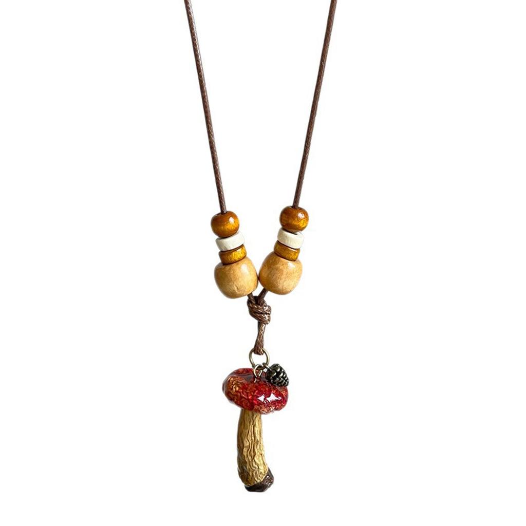 Fashionable Adjustable Necklace for Women Wood Bead Mushroom Pendant Rope Neckchain Bohemian Accessory