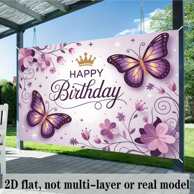 Purple Butterfly Birthday Banner, Golden Accent Backdrop Wall Decor for Party