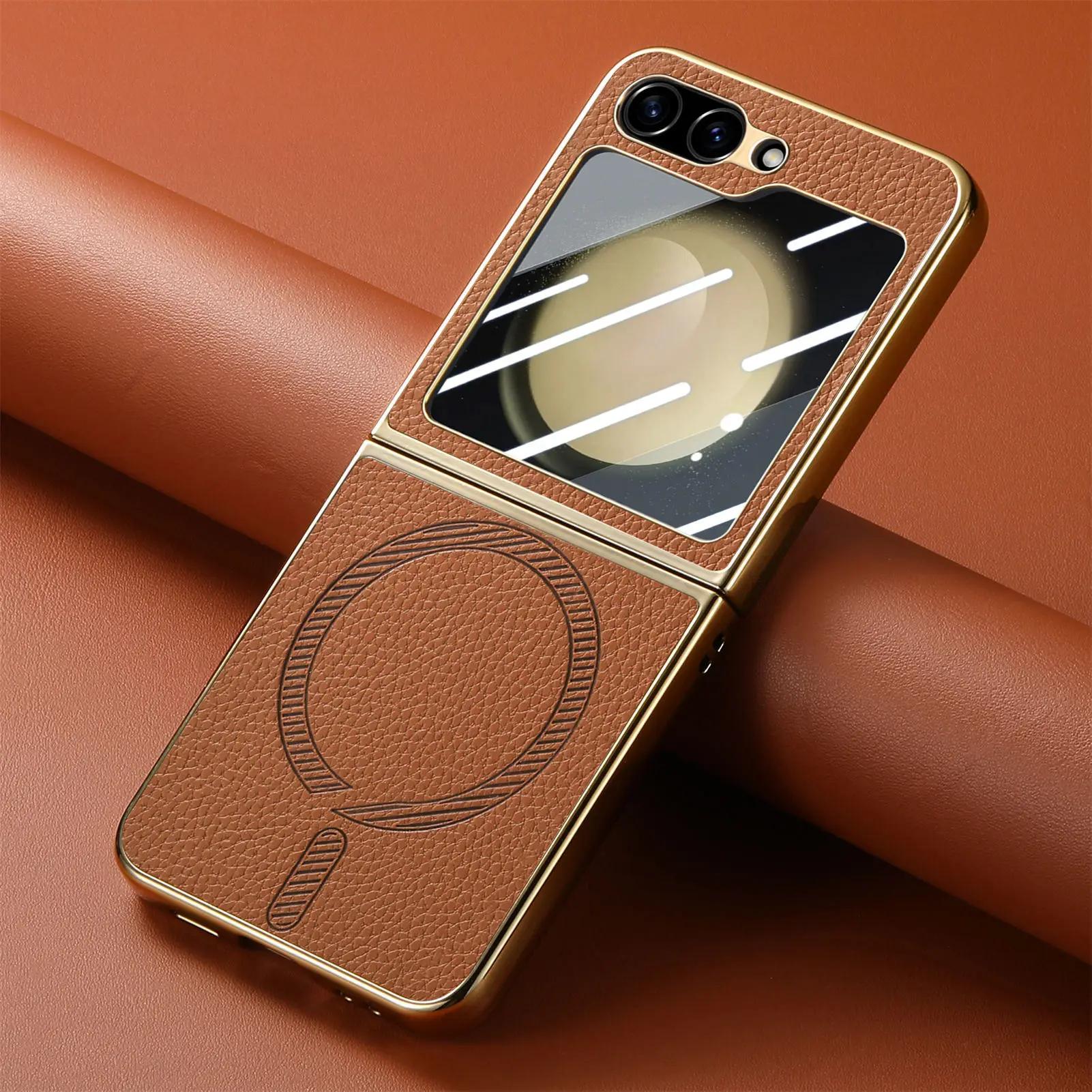 

Magnetic Litchi Pattern Leather Phone Case for Samsung Galaxy Z Flip 6 Flip5 4 Electroplated Frame Shell Film Integrated Cover ZFlip4