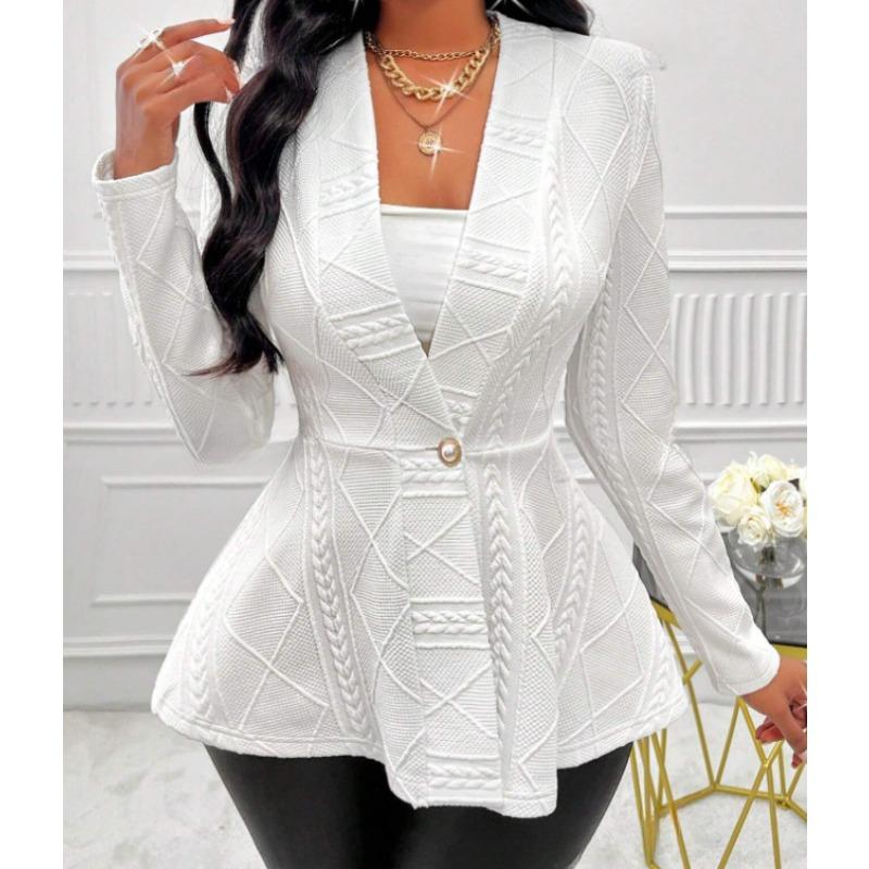 Spring Autumn Winter Women's Fashion Casual Solid Color Printed Jacket Coat with Long Sleeve V-neck