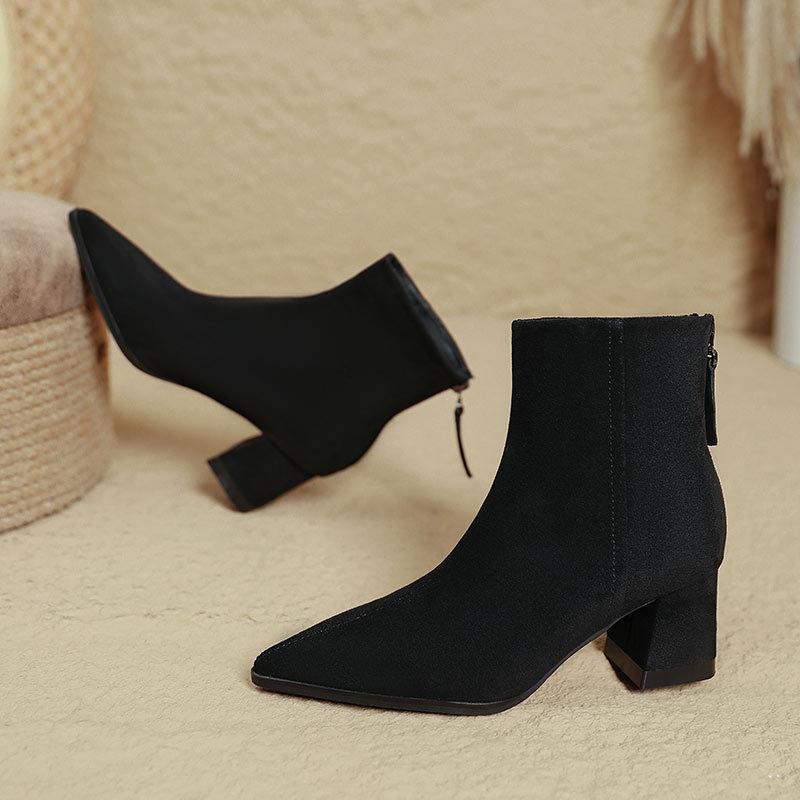 Coarse Heel Short Boots Women's 2025 Autumn and Winter New French Pointed High Heel Boots Suede Thin Elastic Boots Medium Tube Fashion Boots