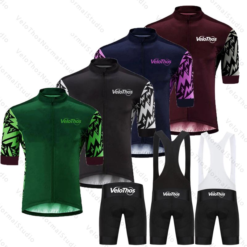 VeloThos Summer Cycling Jersey Set Short Sleeve and Bib Shorts Sport Camping Pro Race Bicycle Clothing MTB Ropa Maillot for Men