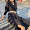 New Pattern Women Autumn Winter Sexy V Neck Long Sleeve Knitted Sweater Dress Long Sleeve Straight Cozy Pullover Slim Dresses