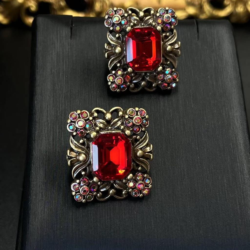 Antique Jewelry Vintage Large Ruby Earrings Heavy Industry Palace Style Geometric Square Rhinestone