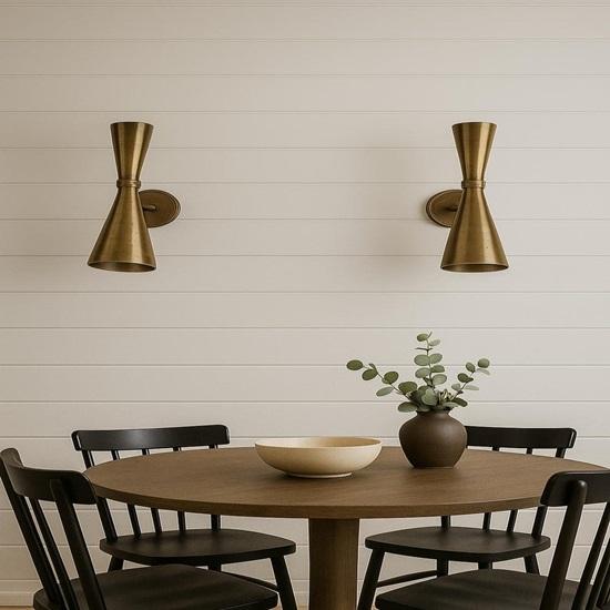 Mid-Century Modern Pure Brass Wall Sconce: Double Cone Hourglass Light Heavy Grade