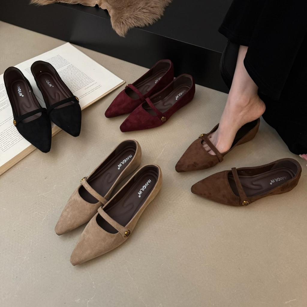 2025 Autumn and Winter New European and American Suede Camellia Pointed Thick Sole Inner One-word Buckle Single Shoes