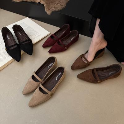 2025 Autumn and Winter New European and American Suede Camellia Pointed Thick Sole Inner One-word Buckle Single Shoes