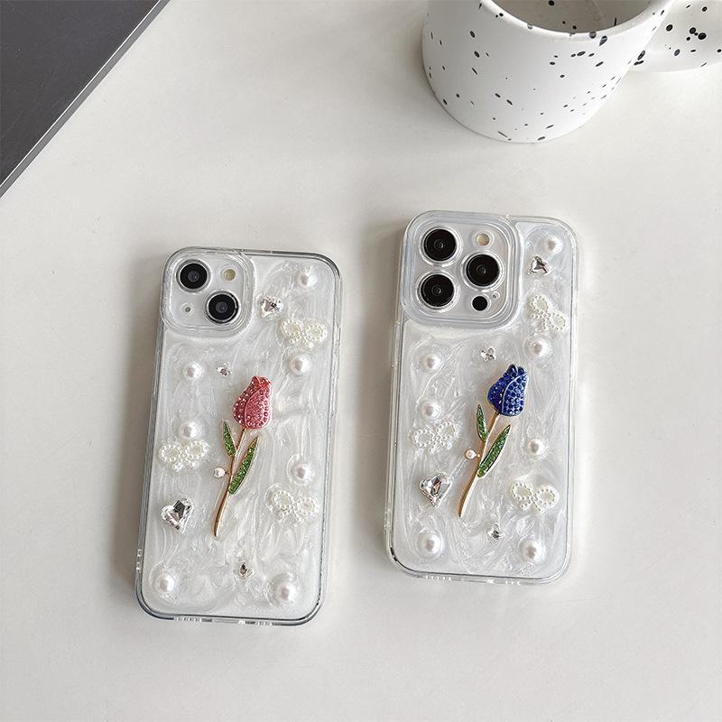 For Apple 16Pro Fresh Ins Style Rose Phone Case for IPhone17 Glitter Glitter Rhinestone Pearl Diamond