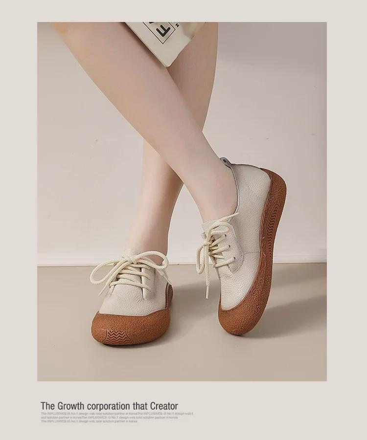 Women's Retro Lace-Up Leather Shoes - Round-Toed, Soft-Soled, Comfortable Casual Flats for Spring and Autumn