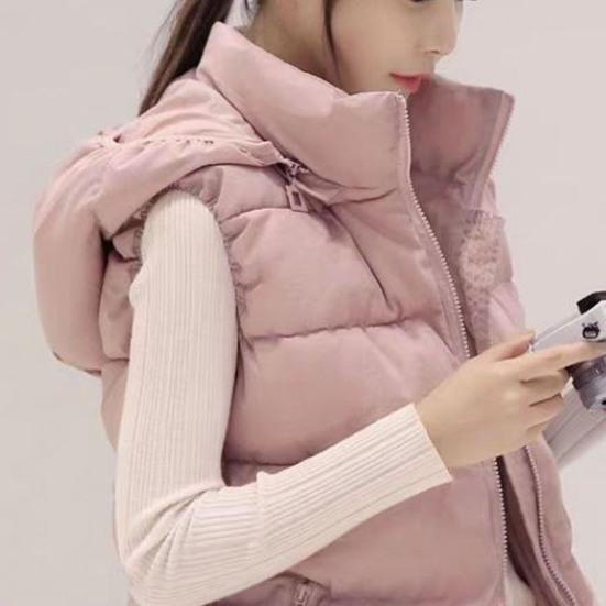 Women Winter Cotton Coat Hooded Neck Protection Thickened Padded Detachable Hood Short Type Windproof Zipper Pocket Zip-up Waistcoat