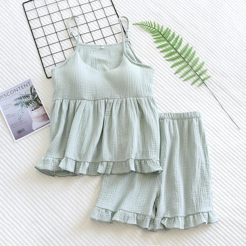 Letní nové dámské pyžamo dvoudílný set s hrudní vycpávkou podvazkové šortky 100% bavlna malé svěží sexy tenké domácí oblečení nadměrná velikost