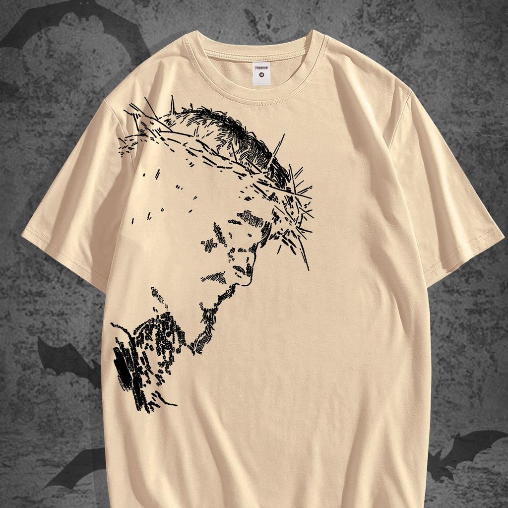 Vintage Jesus Head Print T-Shirt - Distressed Religious Icon Suitable for Church, Study & Casual Wear - Solid Color Round Neck Summer 