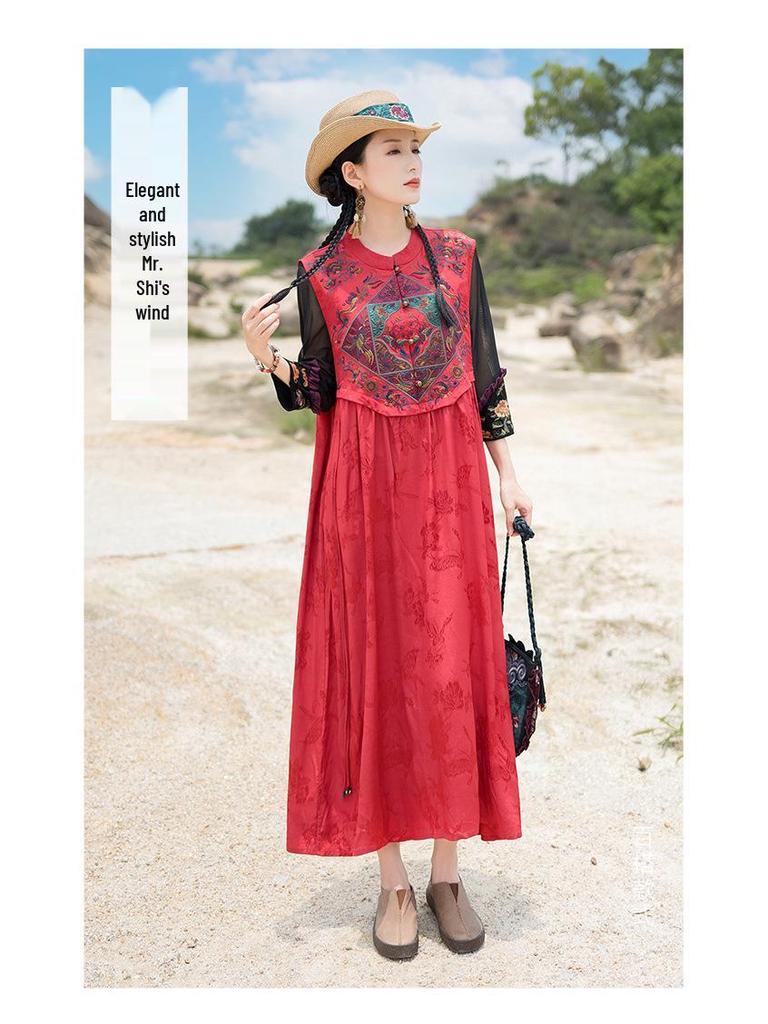 2025 Women's Ethnic Satin Jacquard Embroidered Vest Dress with Stand Collar