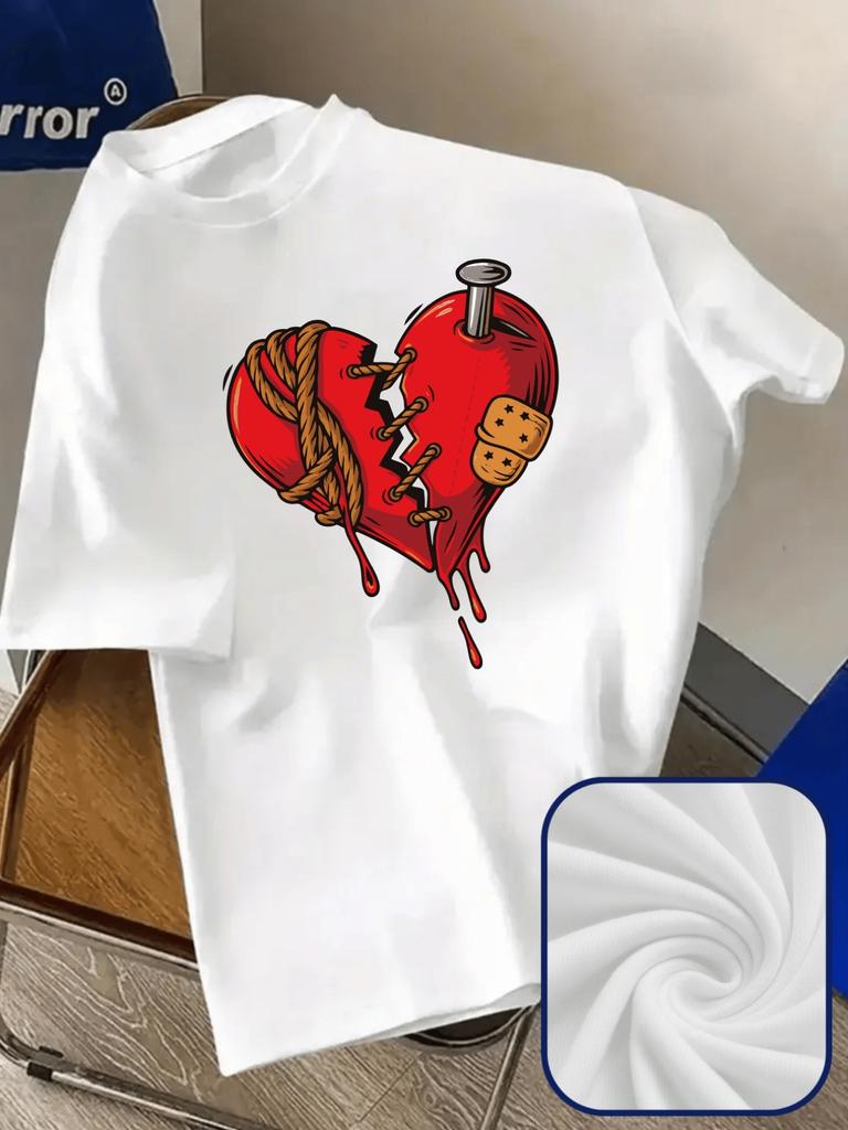 Broken Heart Graphic Tee Mens Soft Cotton Street Style Print Short Sleeve Casual TShirt
