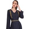 Muslim Arab Robe Navy Blue Embroidered National Polka Dot Print Long Sleeves Tie Fashion Four Seasons Long Dress