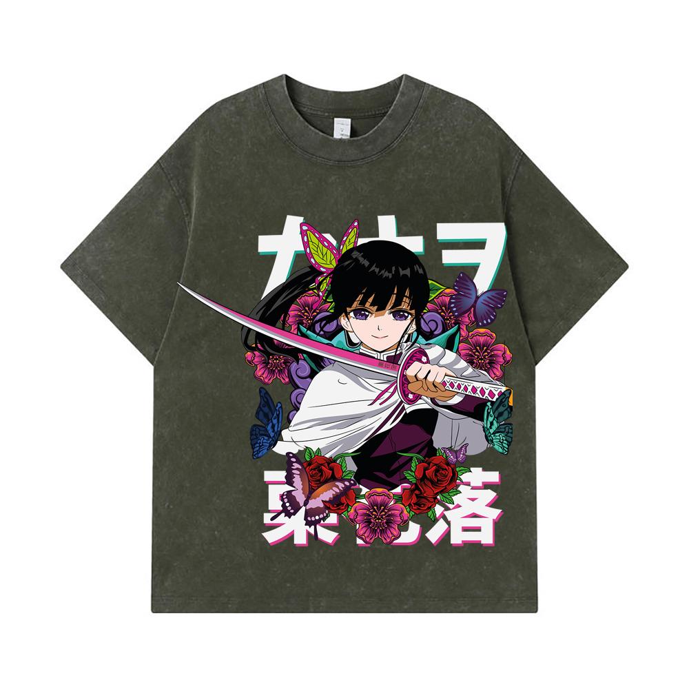 

275 GSM Washed T-shirts 100% Cotton Demon Slayer V99 Kanao Print Unisex Heavy Cotton T Shirt S армия зеленый