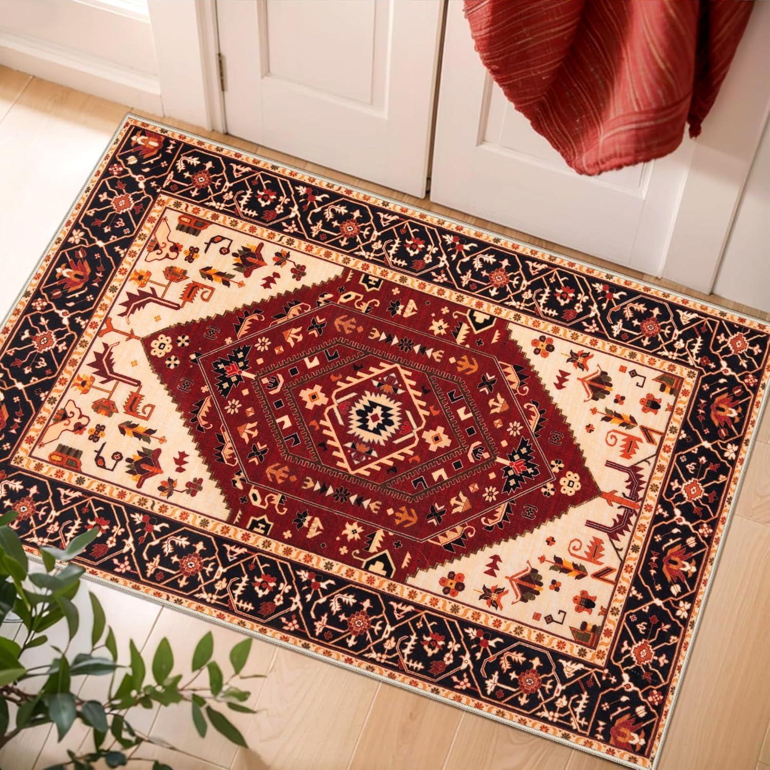 

Vintage Persian Rectangle Carpet Geometric Flower Pattern Oriental Home Decor Floor Area Rug for Living Room Bedroom Non-Slip 40x60cm